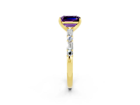 Yellow gold Emerald Cut Amethyst Solitaire with Side Baguettes and Channel Set Band_2