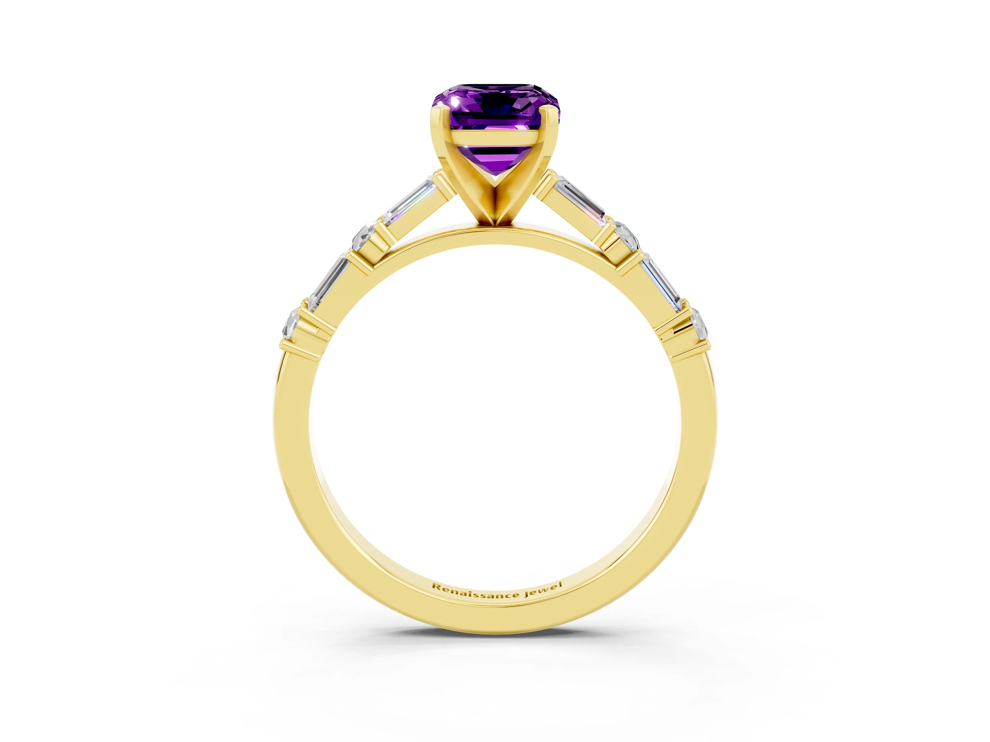 Yellow gold Emerald Cut Amethyst Solitaire with Side Baguettes and Channel Set Band_3