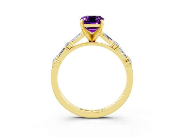 Yellow gold Emerald Cut Amethyst Solitaire with Side Baguettes and Channel Set Band