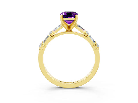 Yellow gold Emerald Cut Amethyst Solitaire with Side Baguettes and Channel Set Band_3