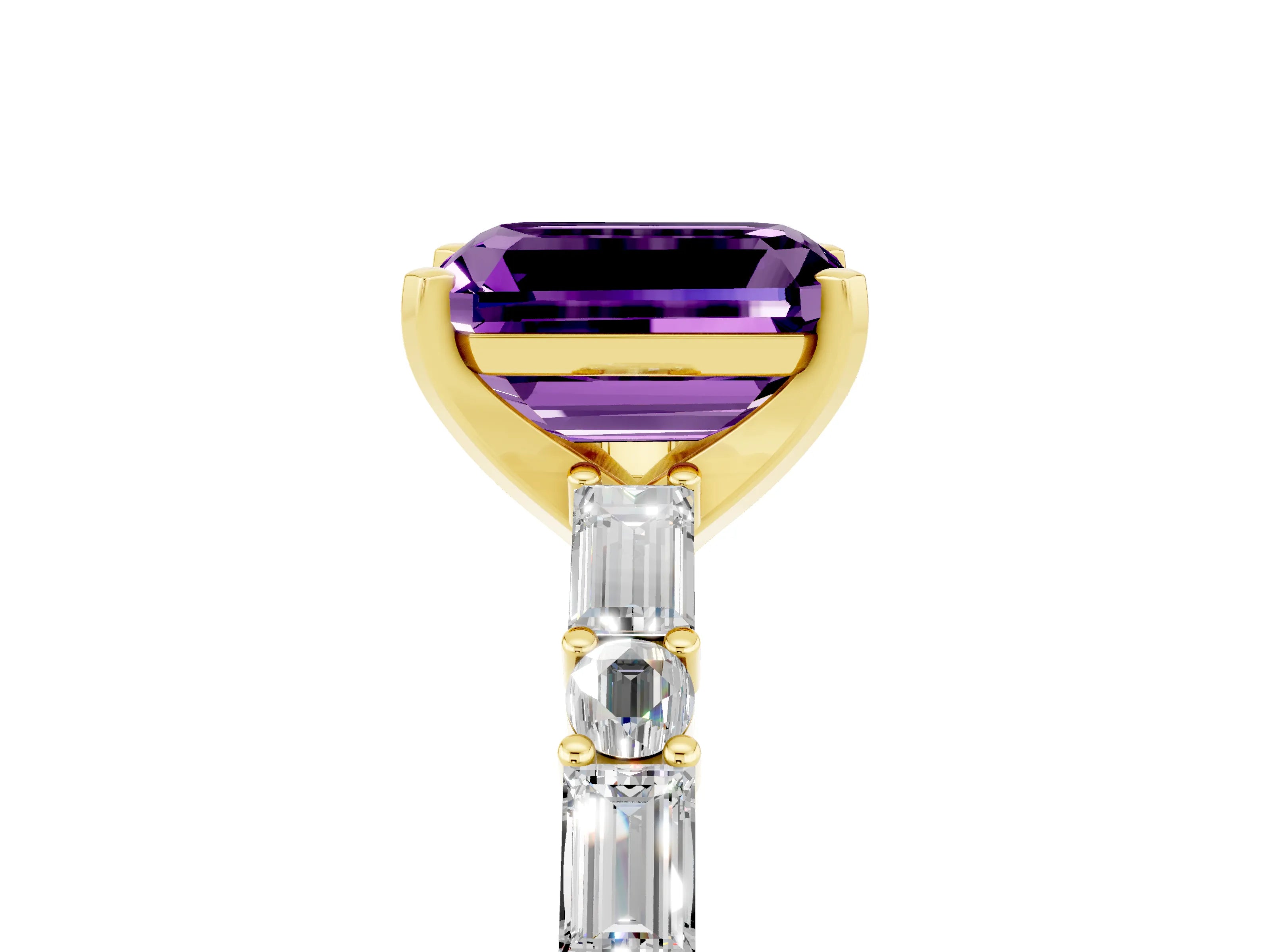 Yellow gold Emerald Cut Amethyst Solitaire with Side Baguettes and Channel Set Band_5