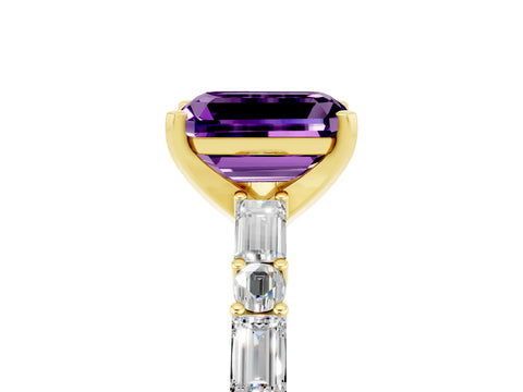 Yellow gold Emerald Cut Amethyst Solitaire with Side Baguettes and Channel Set Band_5