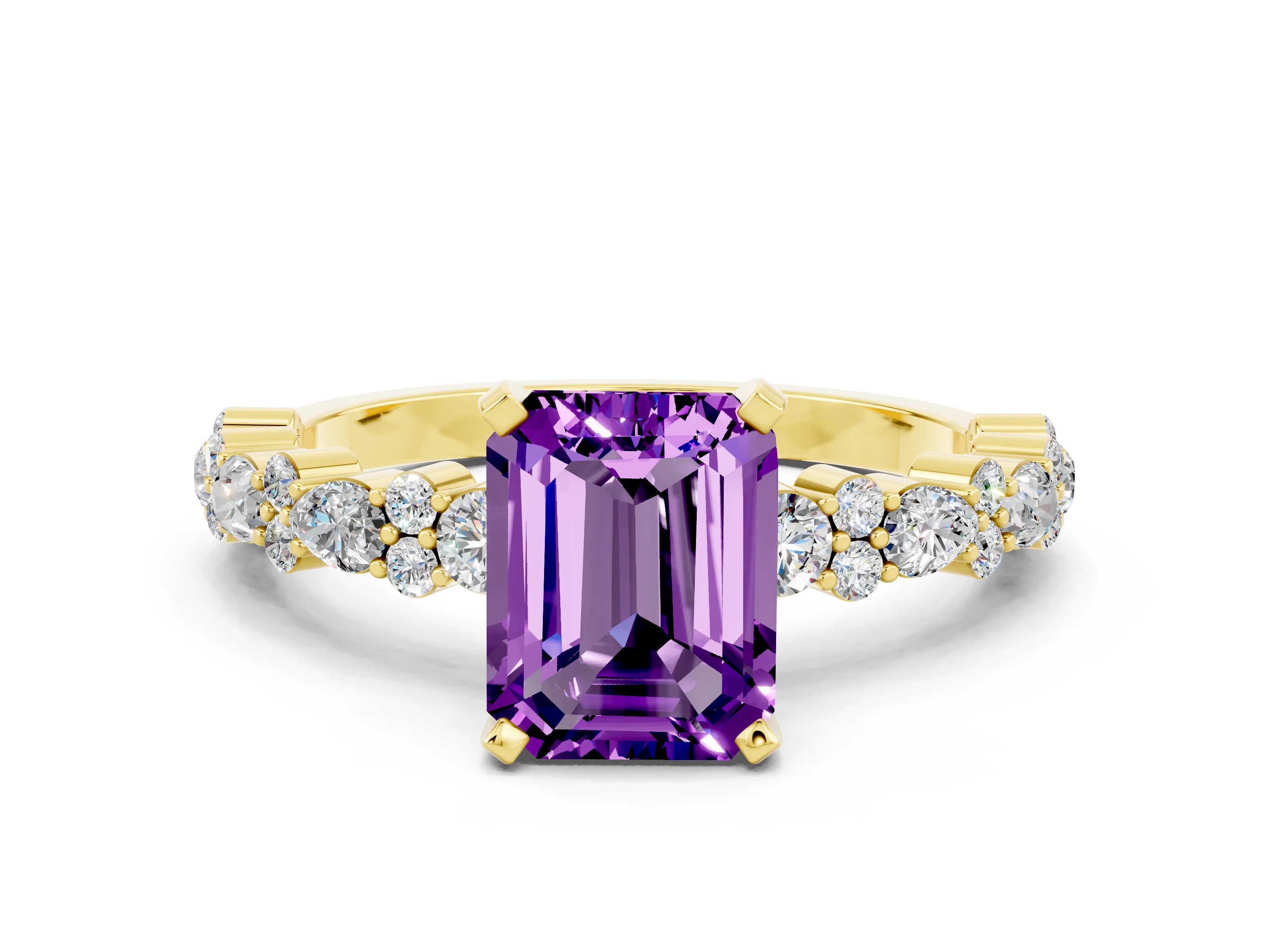 Yellow gold Emerald Cut Amethyst Solitaire with Side Stones, Pave Band, Four-Prong Setting_48
