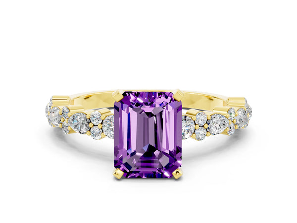 Yellow gold Emerald Cut Amethyst Side Stone Solitaire Ring with Round  and Four-Prong Setting