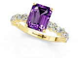 Yellow gold Emerald Cut Amethyst Solitaire with Side Stones, Pave Band, Four-Prong Setting_49
