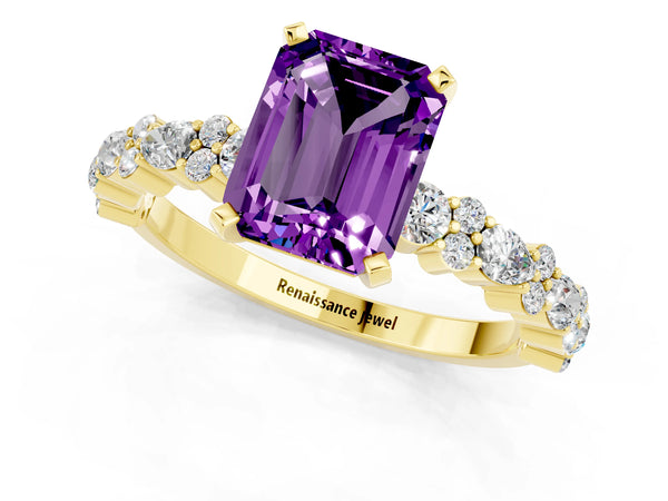 Yellow gold Emerald Cut Amethyst Side Stone Solitaire Ring with Round  and Four-Prong Setting