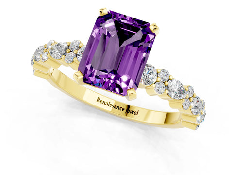 Yellow gold Emerald Cut Amethyst Solitaire with Side Stones, Pave Band, Four-Prong Setting_49