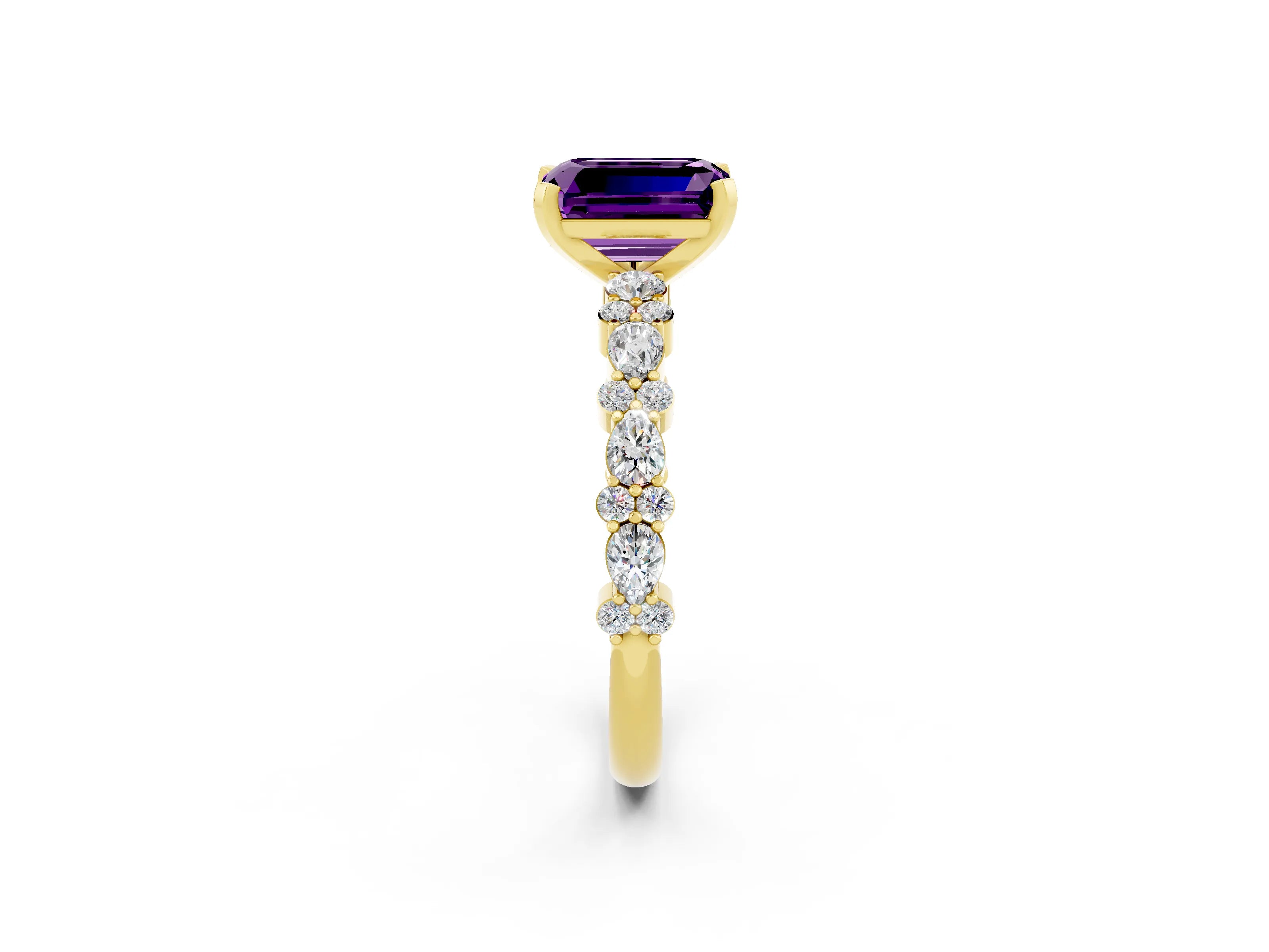 Yellow gold Emerald Cut Amethyst Solitaire with Side Stones, Pave Band, Four-Prong Setting_50
