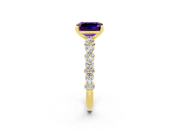 Yellow gold Emerald Cut Amethyst Side Stone Solitaire Ring with Round  and Four-Prong Setting