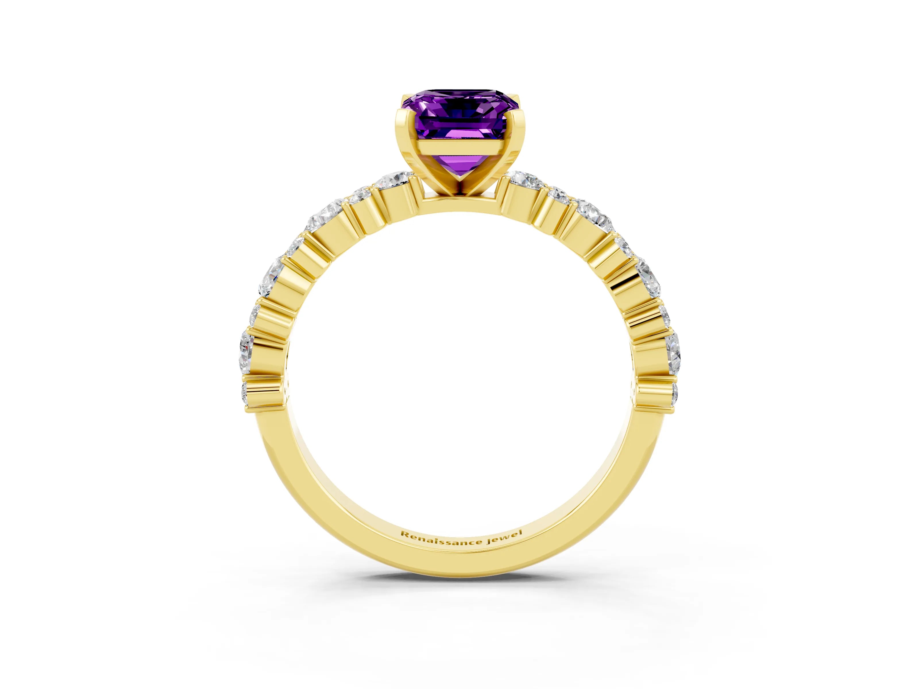 Yellow gold Emerald Cut Amethyst Solitaire with Side Stones, Pave Band, Four-Prong Setting_51