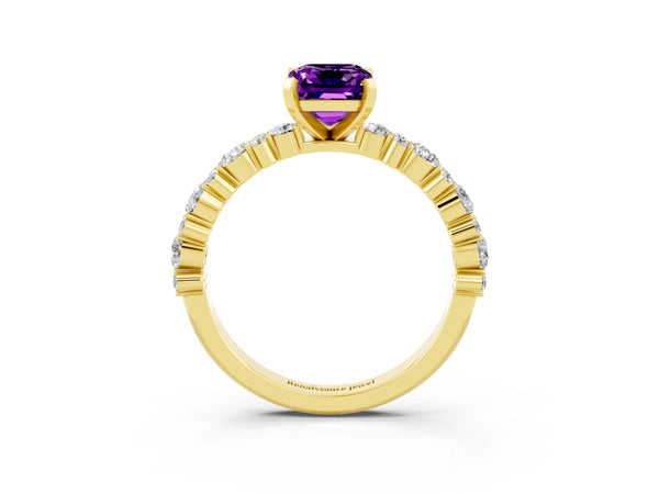 Yellow gold Emerald Cut Amethyst Side Stone Solitaire Ring with Round  and Four-Prong Setting