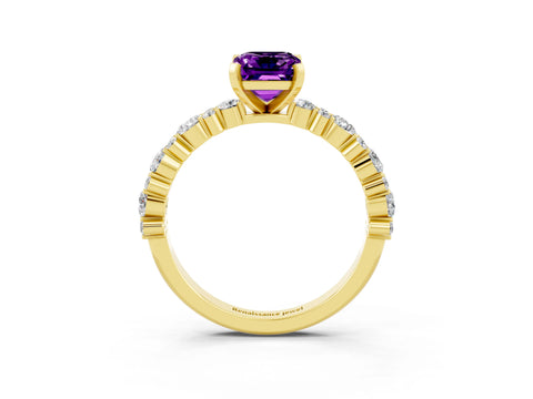 Yellow gold Emerald Cut Amethyst Solitaire with Side Stones, Pave Band, Four-Prong Setting_51