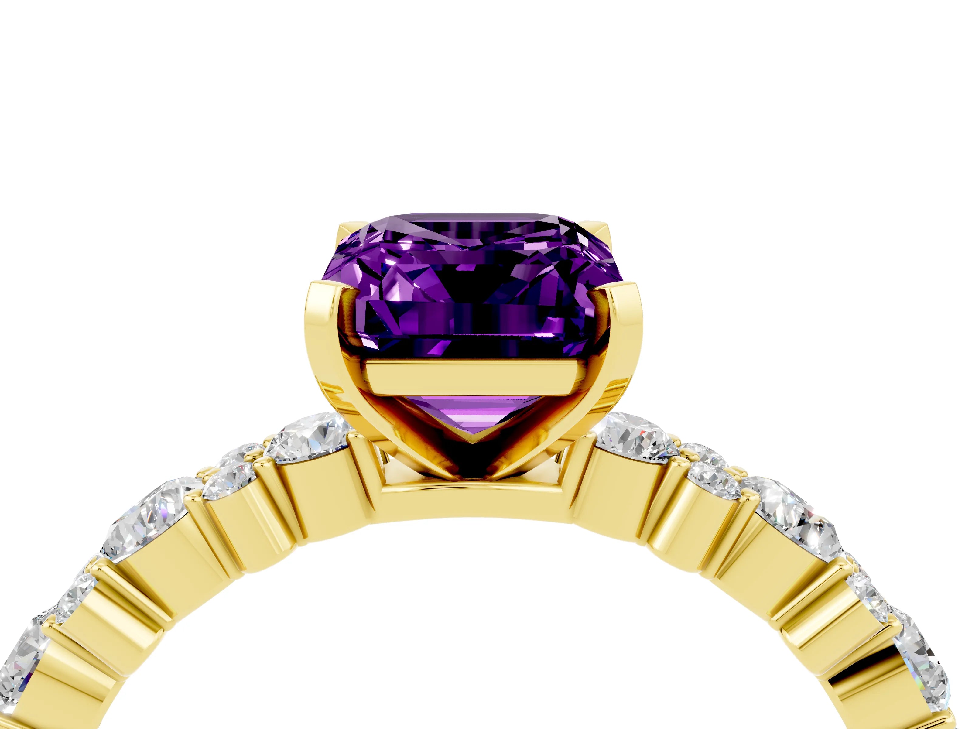 Yellow gold Emerald Cut Amethyst Solitaire with Side Stones, Pave Band, Four-Prong Setting_52