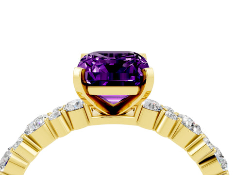 Yellow gold Emerald Cut Amethyst Solitaire with Side Stones, Pave Band, Four-Prong Setting_52