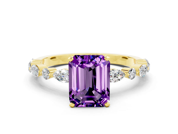 Yellow gold Emerald Cut Amethyst Ring with Marquise and Round  Side Stones and Four-Prong Setting
