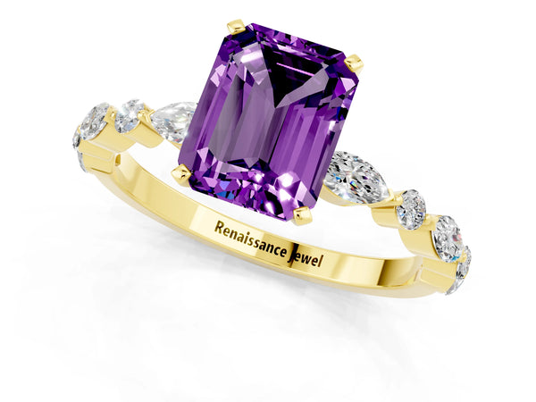 Yellow gold Emerald Cut Amethyst Ring with Marquise and Round  Side Stones and Four-Prong Setting
