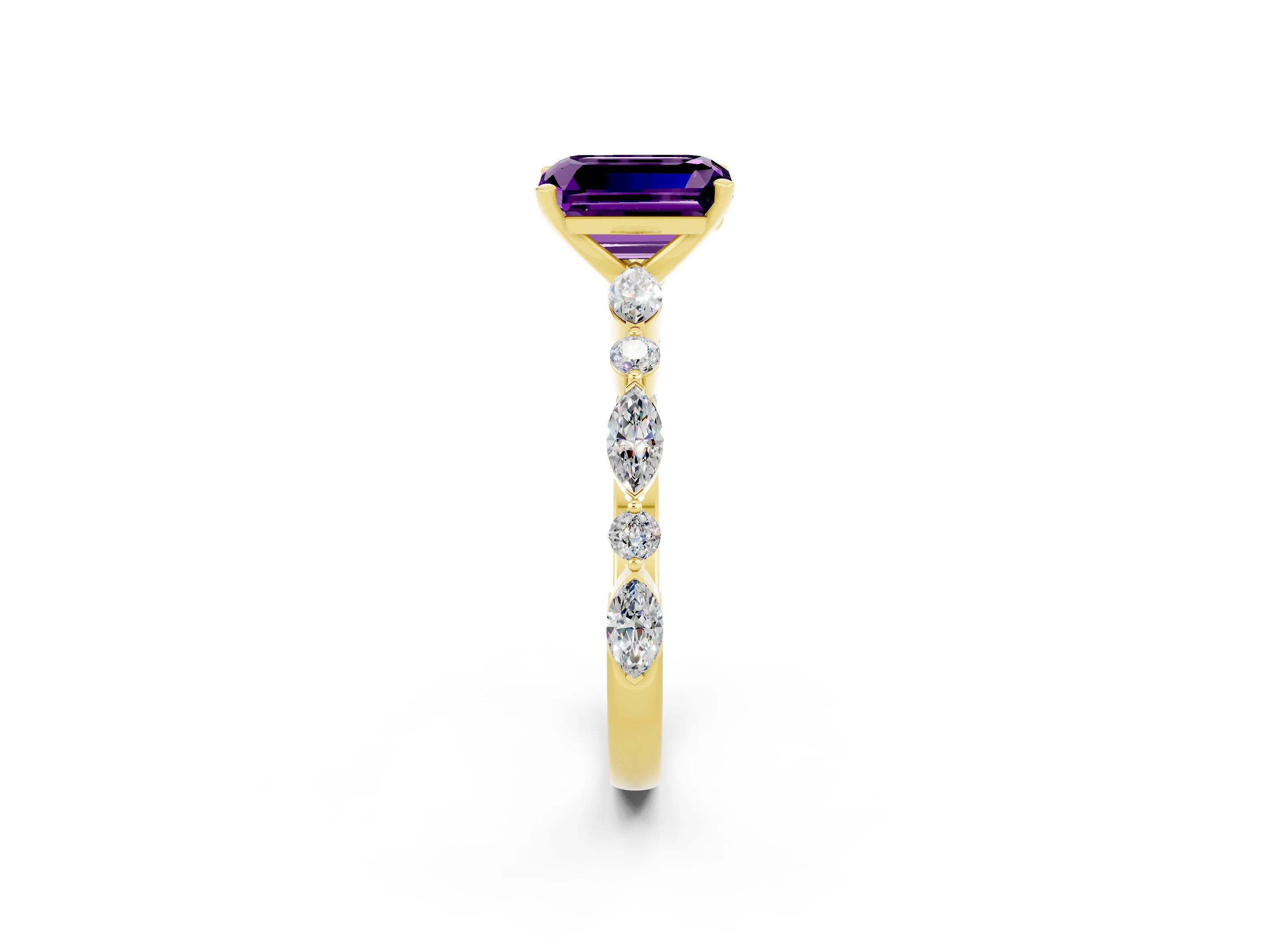 Yellow gold Emerald Cut Amethyst Solitaire with Side Stones on a Pavé Band and Four-Prong Setting_2
