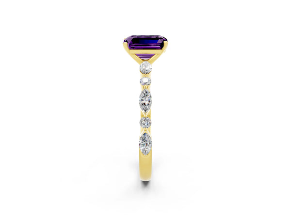 Yellow gold Emerald Cut Amethyst Ring with Marquise and Round  Side Stones and Four-Prong Setting