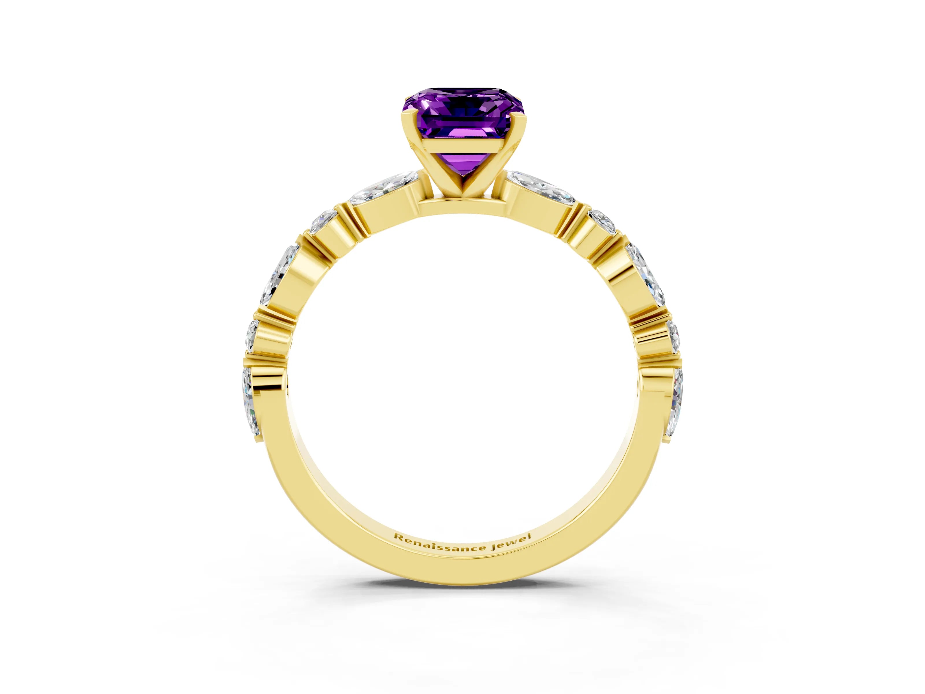 Yellow gold Emerald Cut Amethyst Solitaire with Side Stones on a Pavé Band and Four-Prong Setting_3