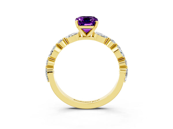 Yellow gold Emerald Cut Amethyst Ring with Marquise and Round  Side Stones and Four-Prong Setting