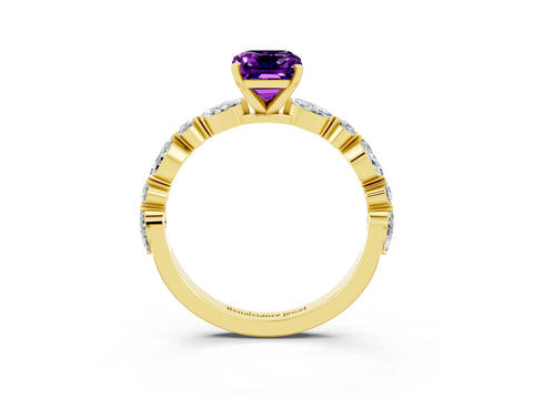 Yellow gold Emerald Cut Amethyst Solitaire with Side Stones on a Pavé Band and Four-Prong Setting_3