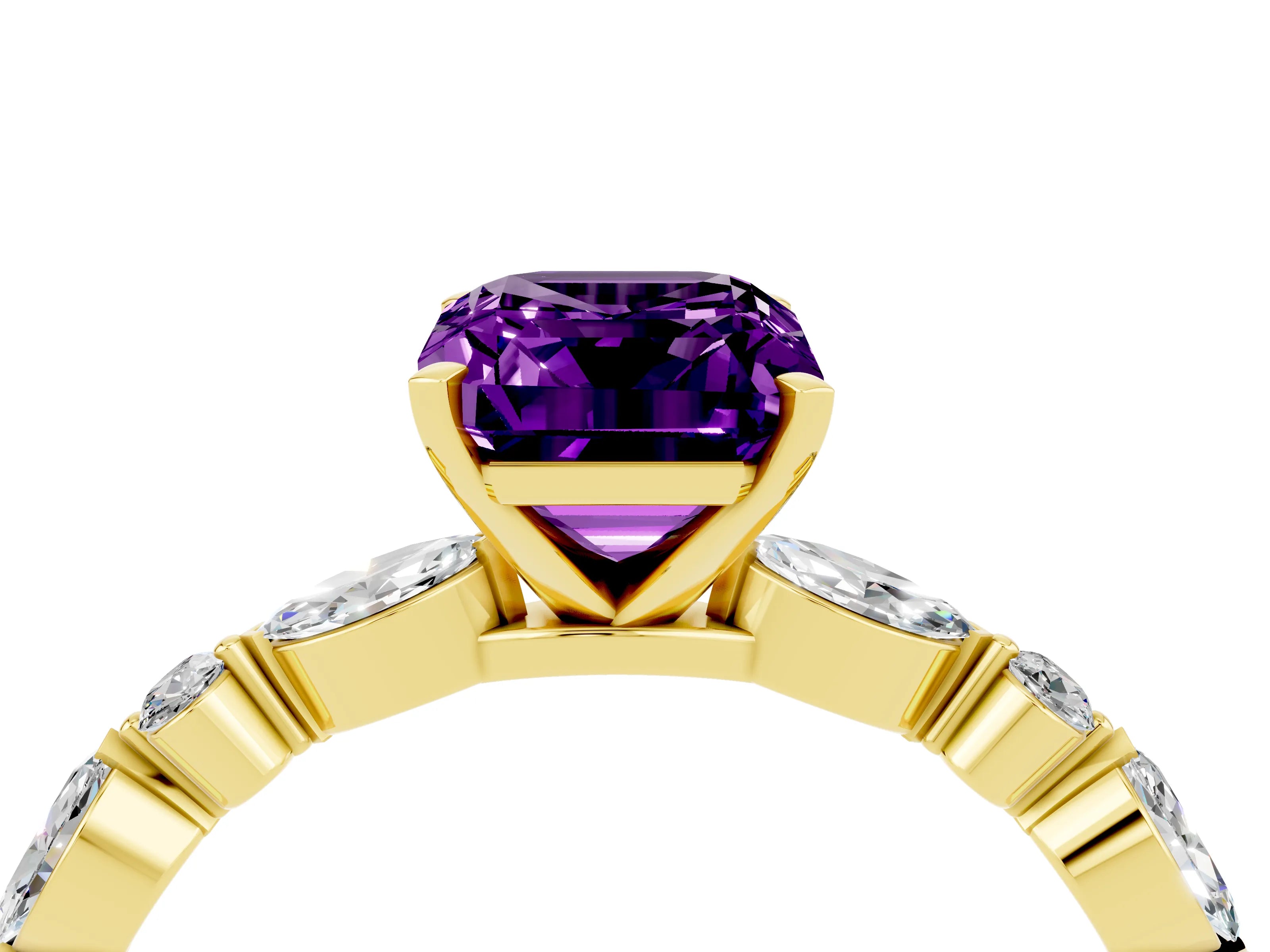 Yellow gold Emerald Cut Amethyst Solitaire with Side Stones on a Pavé Band and Four-Prong Setting_4