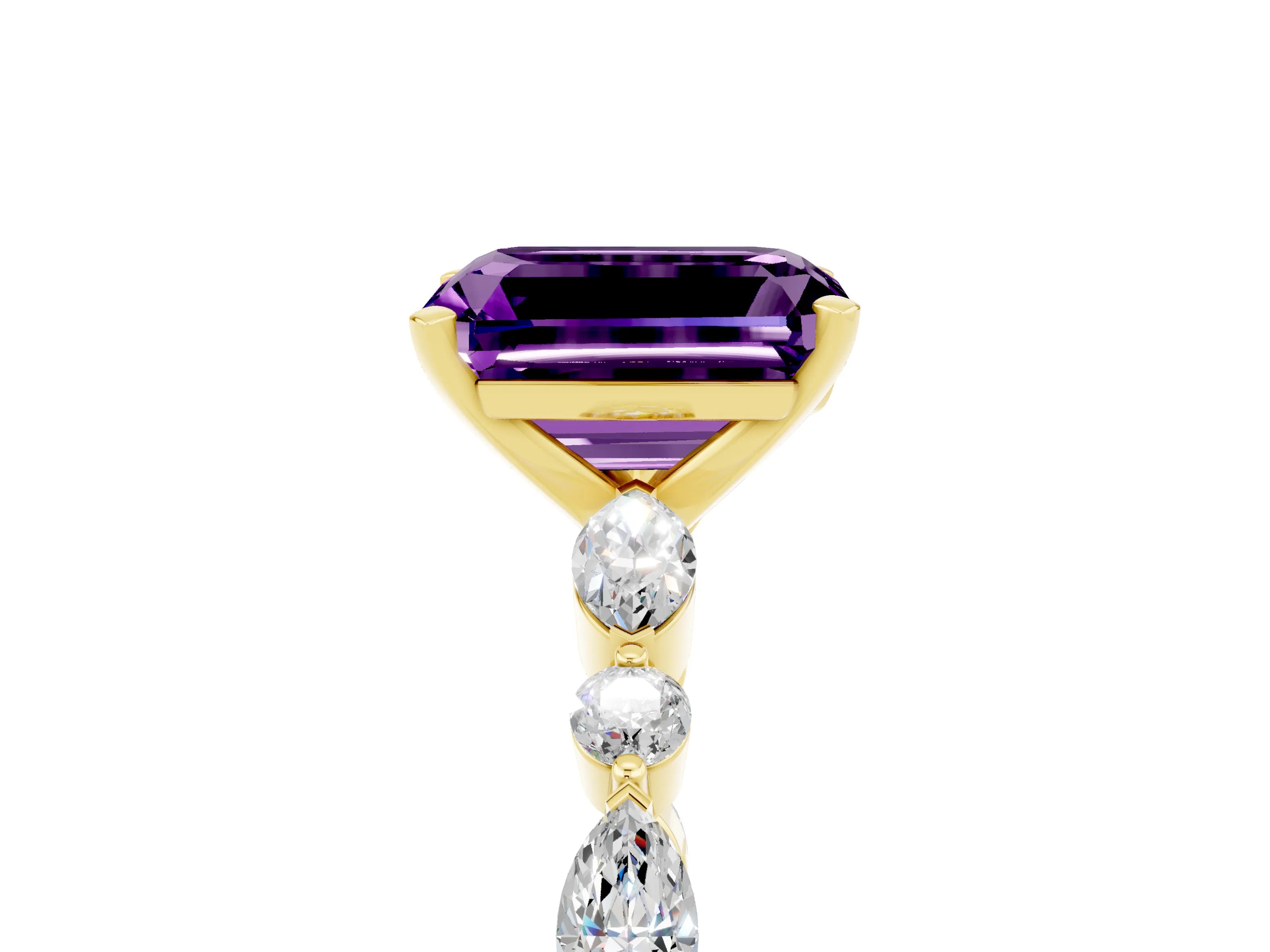Yellow gold Emerald Cut Amethyst Solitaire with Side Stones on a Pavé Band and Four-Prong Setting_5