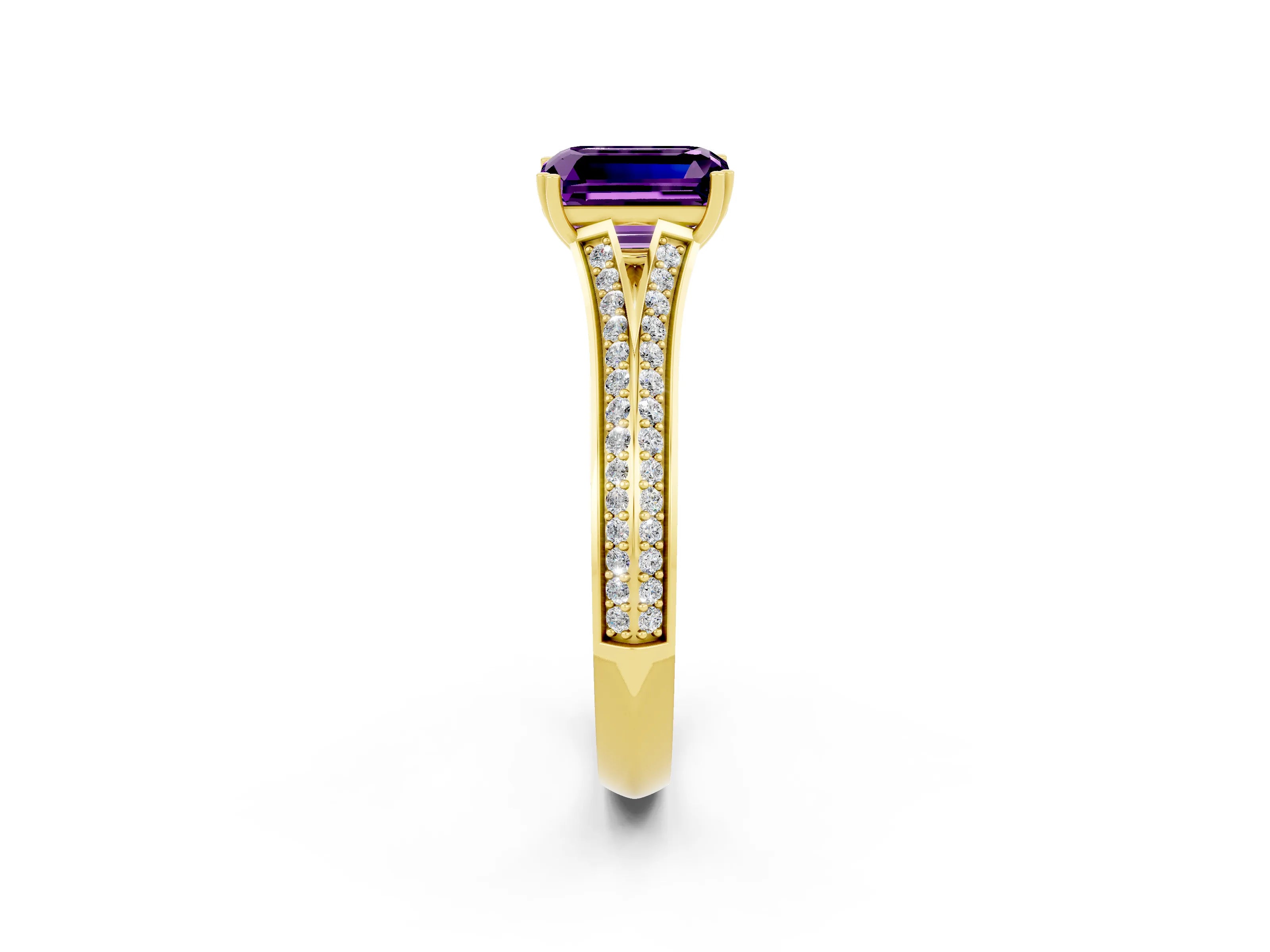 Yellow gold Emerald Cut Amethyst Split Shank Engagement Ring with Pavé Band_2