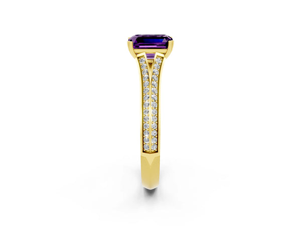 Yellow gold Emerald Cut Amethyst Split Shank Engagement Ring with Pavé Band