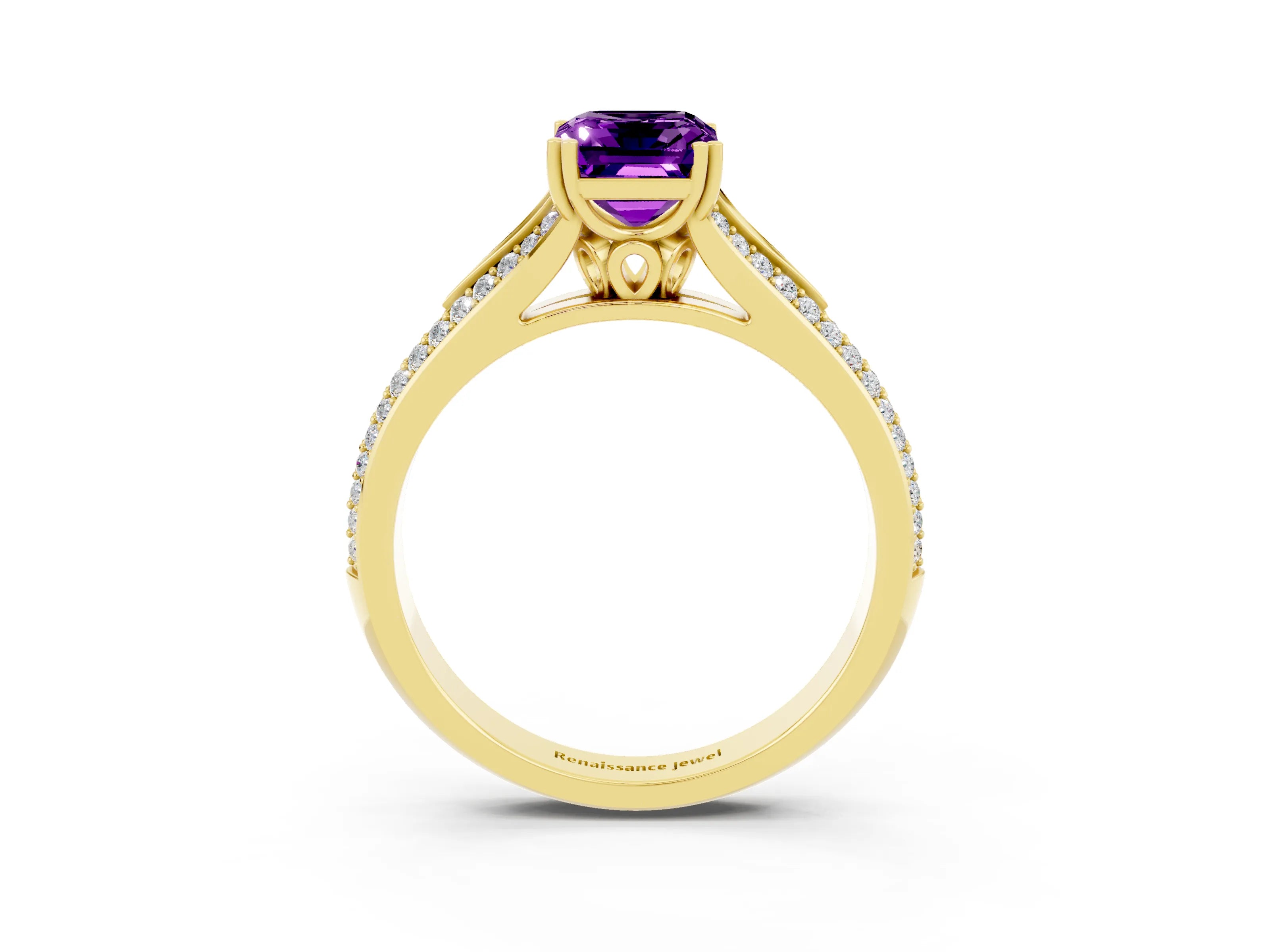 Yellow gold Emerald Cut Amethyst Split Shank Engagement Ring with Pavé Band_3