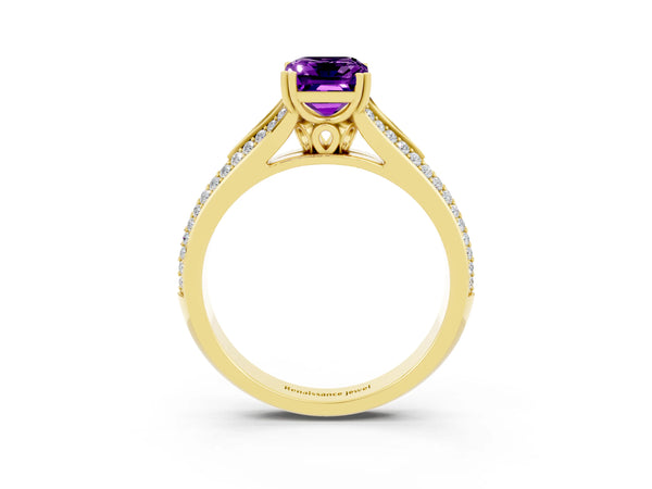 Yellow gold Emerald Cut Amethyst Split Shank Engagement Ring with Pavé Band