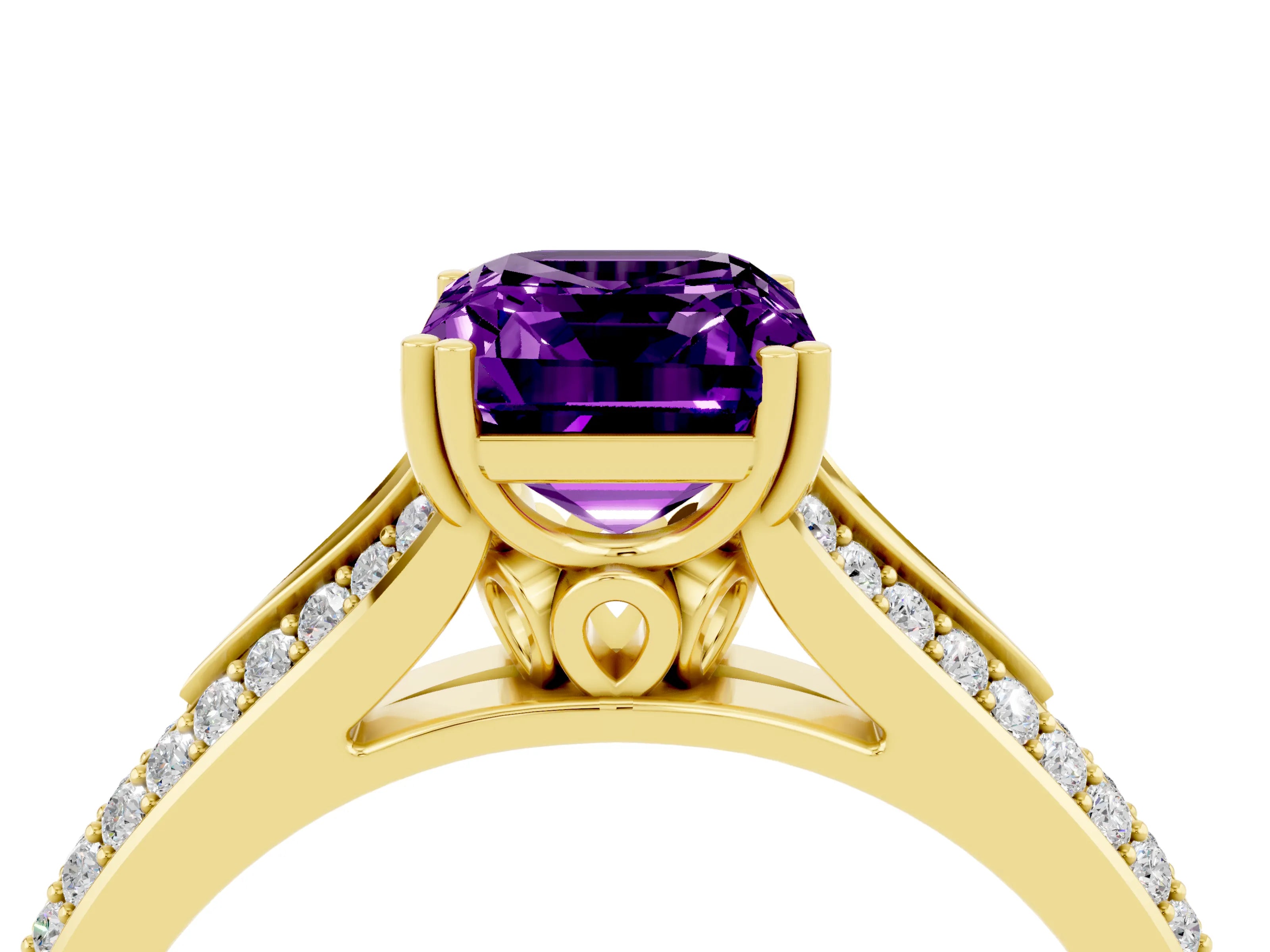 Yellow gold Emerald Cut Amethyst Split Shank Engagement Ring with Pavé Band_4