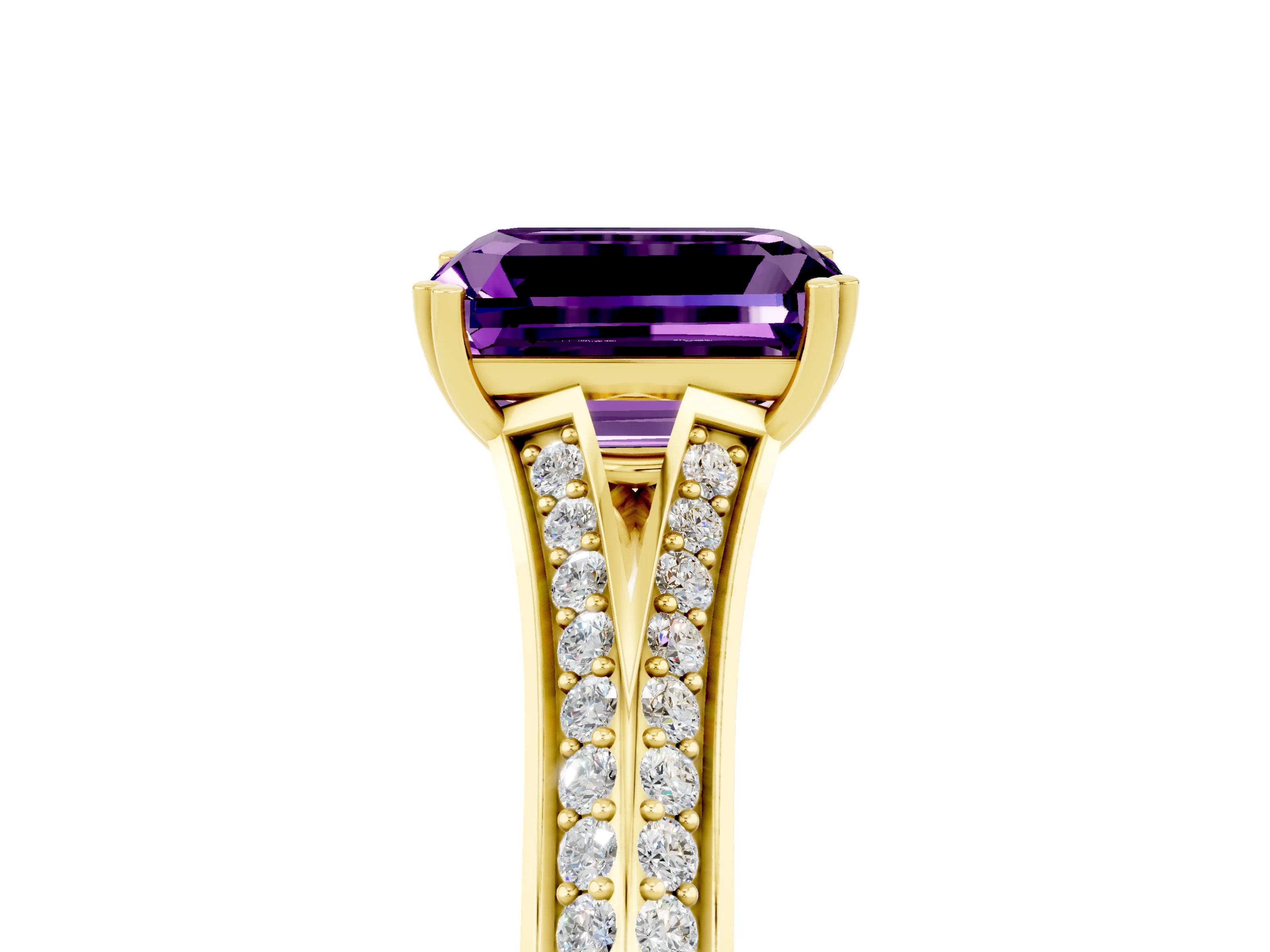 Yellow gold Emerald Cut Amethyst Split Shank Engagement Ring with Pavé Band_5