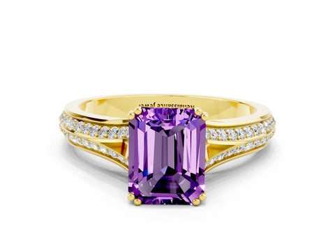 Yellow gold Emerald Cut Amethyst Split Shank Engagement Ring with Pavé Band