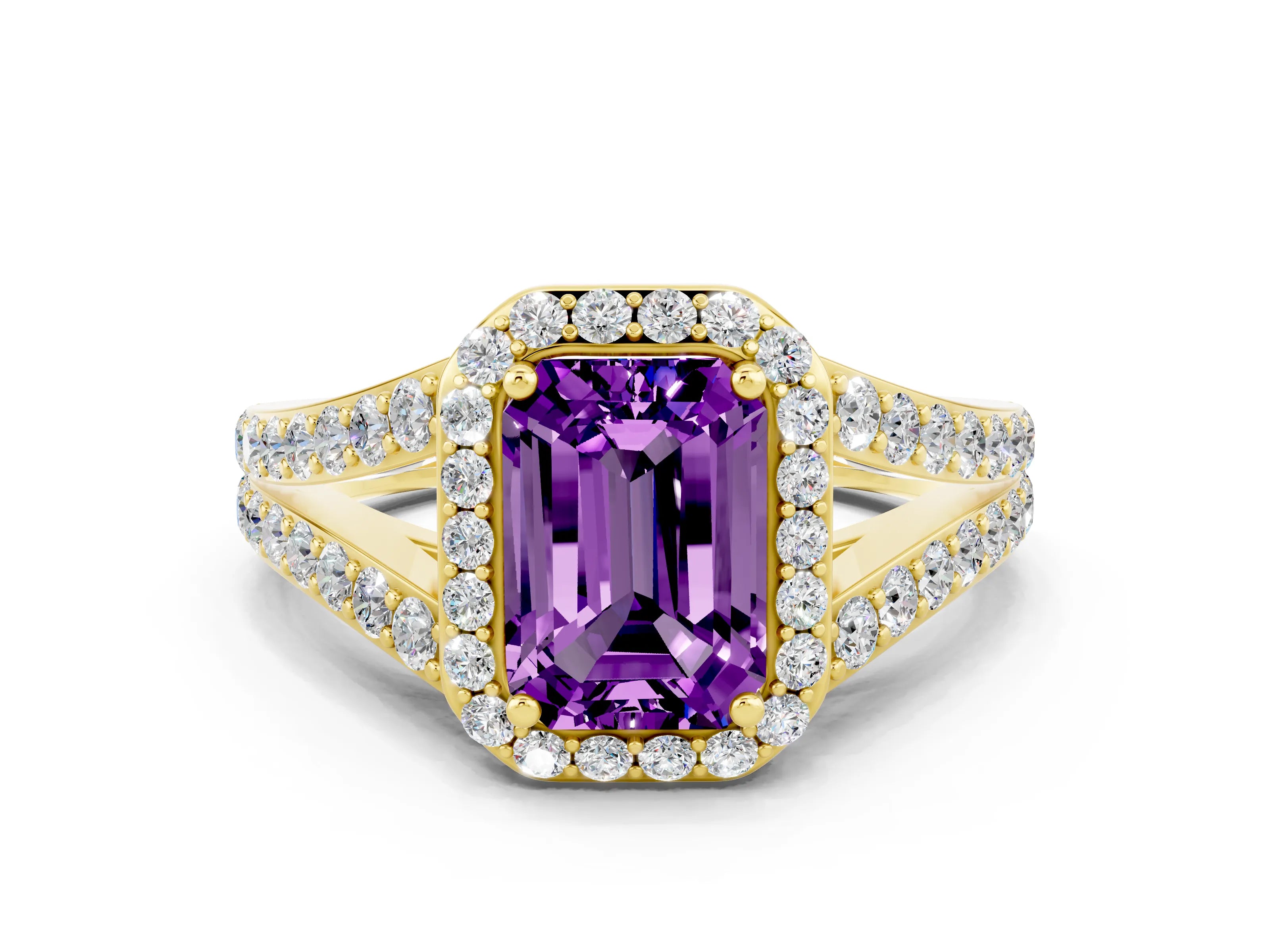 Yellow gold Emerald Cut Amethyst Split Shank Halo Ring with Four-Prong Setting_12