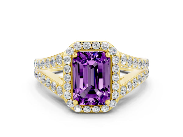 Yellow gold Emerald Cut Amethyst Split Shank Halo Ring with Four-Prong Setting
