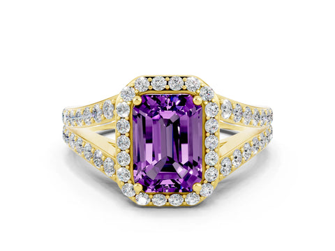 Yellow gold Emerald Cut Amethyst Split Shank Halo Ring with Four-Prong Setting_12