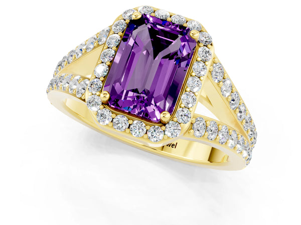 Yellow gold Emerald Cut Amethyst Split Shank Halo Ring with Four-Prong Setting