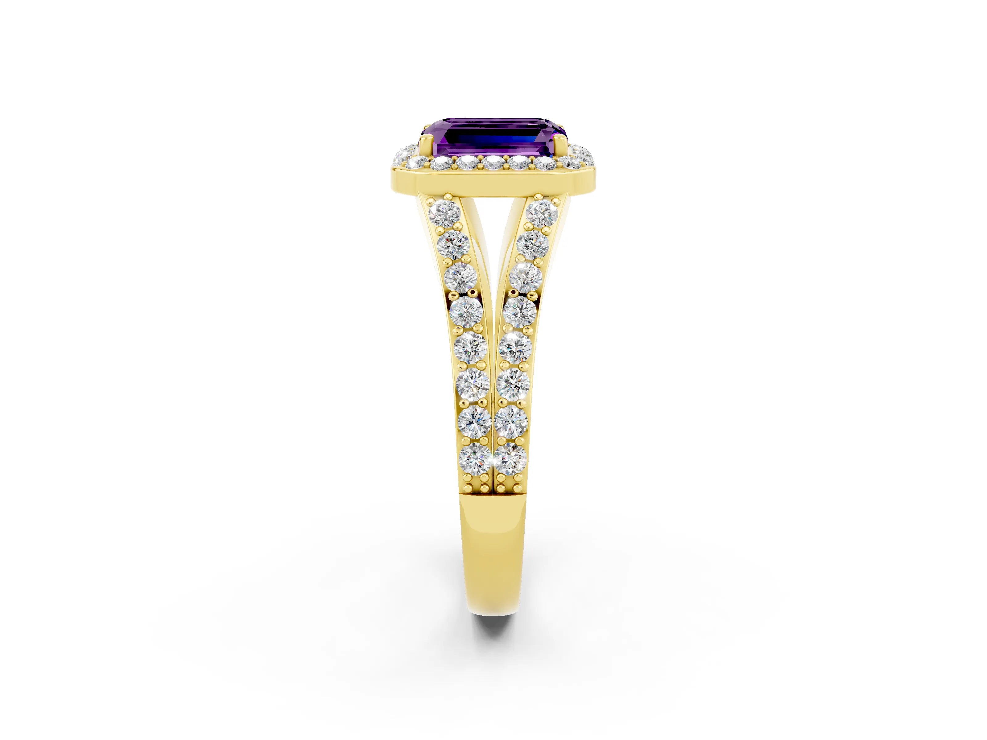 Yellow gold Emerald Cut Amethyst Split Shank Halo Ring with Four-Prong Setting_14