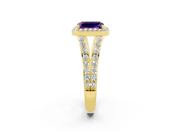Yellow gold Emerald Cut Amethyst Split Shank Halo Ring with Four-Prong Setting
