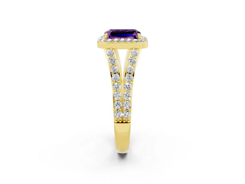 Yellow gold Emerald Cut Amethyst Split Shank Halo Ring with Four-Prong Setting_14