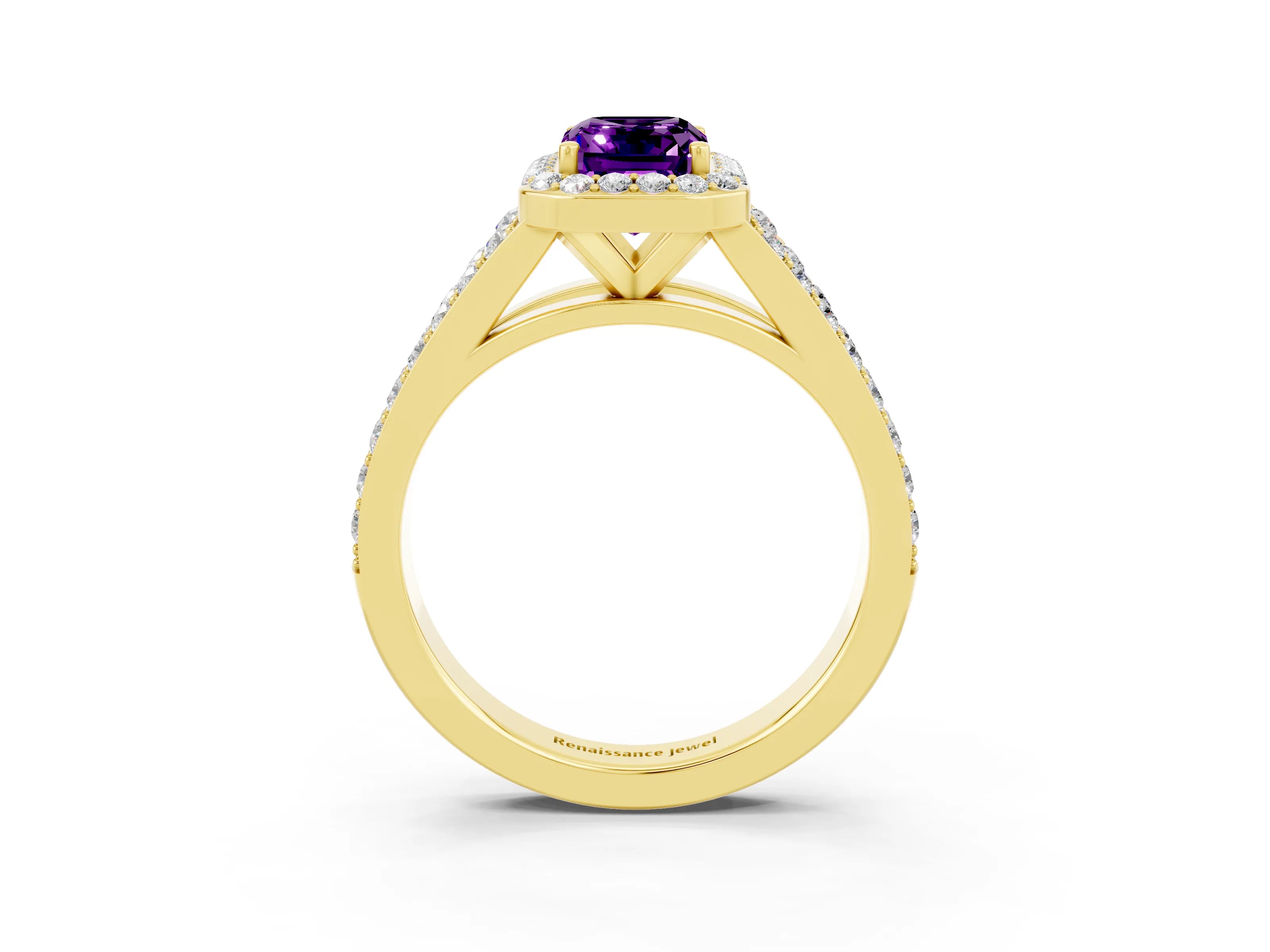 Yellow gold Emerald Cut Amethyst Split Shank Halo Ring with Four-Prong Setting_15