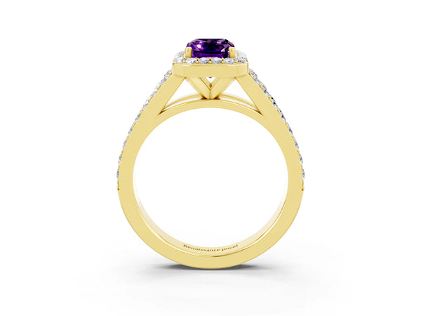 Yellow gold Emerald Cut Amethyst Split Shank Halo Ring with Four-Prong Setting