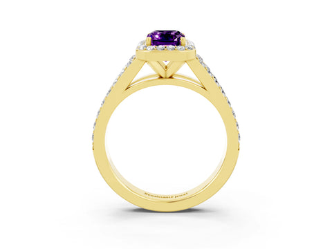 Yellow gold Emerald Cut Amethyst Split Shank Halo Ring with Four-Prong Setting_15