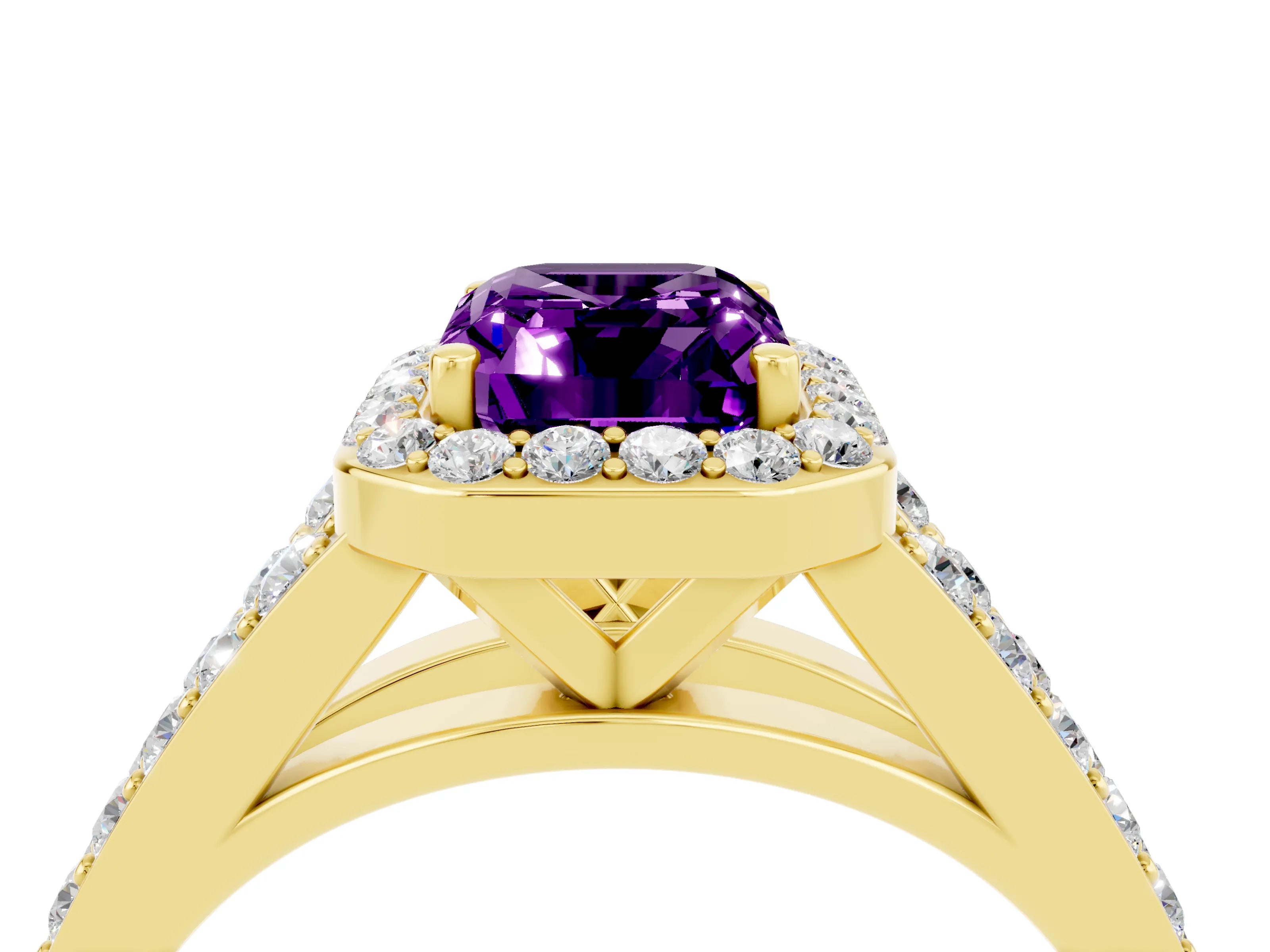 Yellow gold Emerald Cut Amethyst Split Shank Halo Ring with Four-Prong Setting_16
