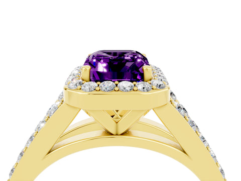 Yellow gold Emerald Cut Amethyst Split Shank Halo Ring with Four-Prong Setting_16