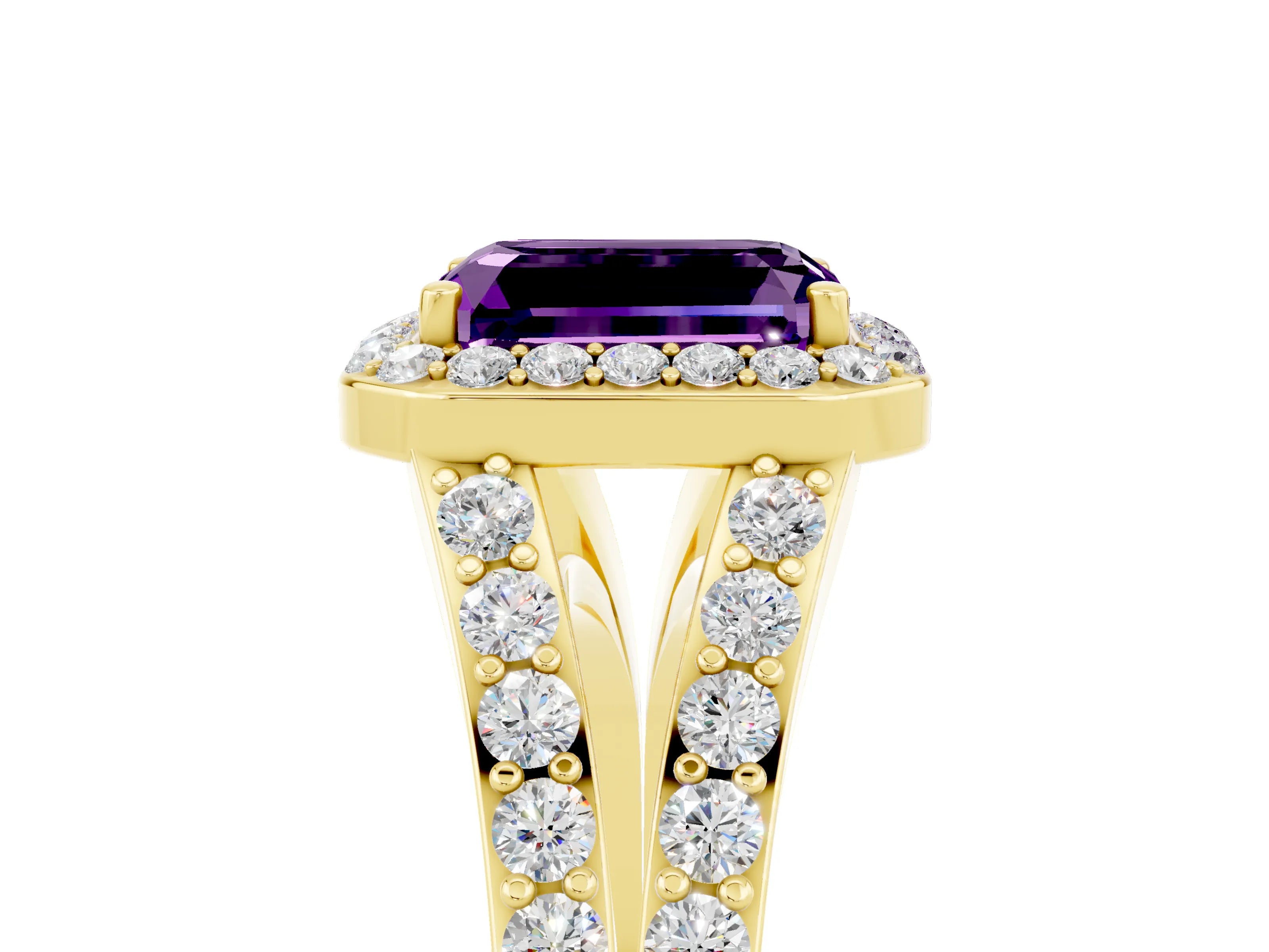 Yellow gold Emerald Cut Amethyst Split Shank Halo Ring with Four-Prong Setting_17