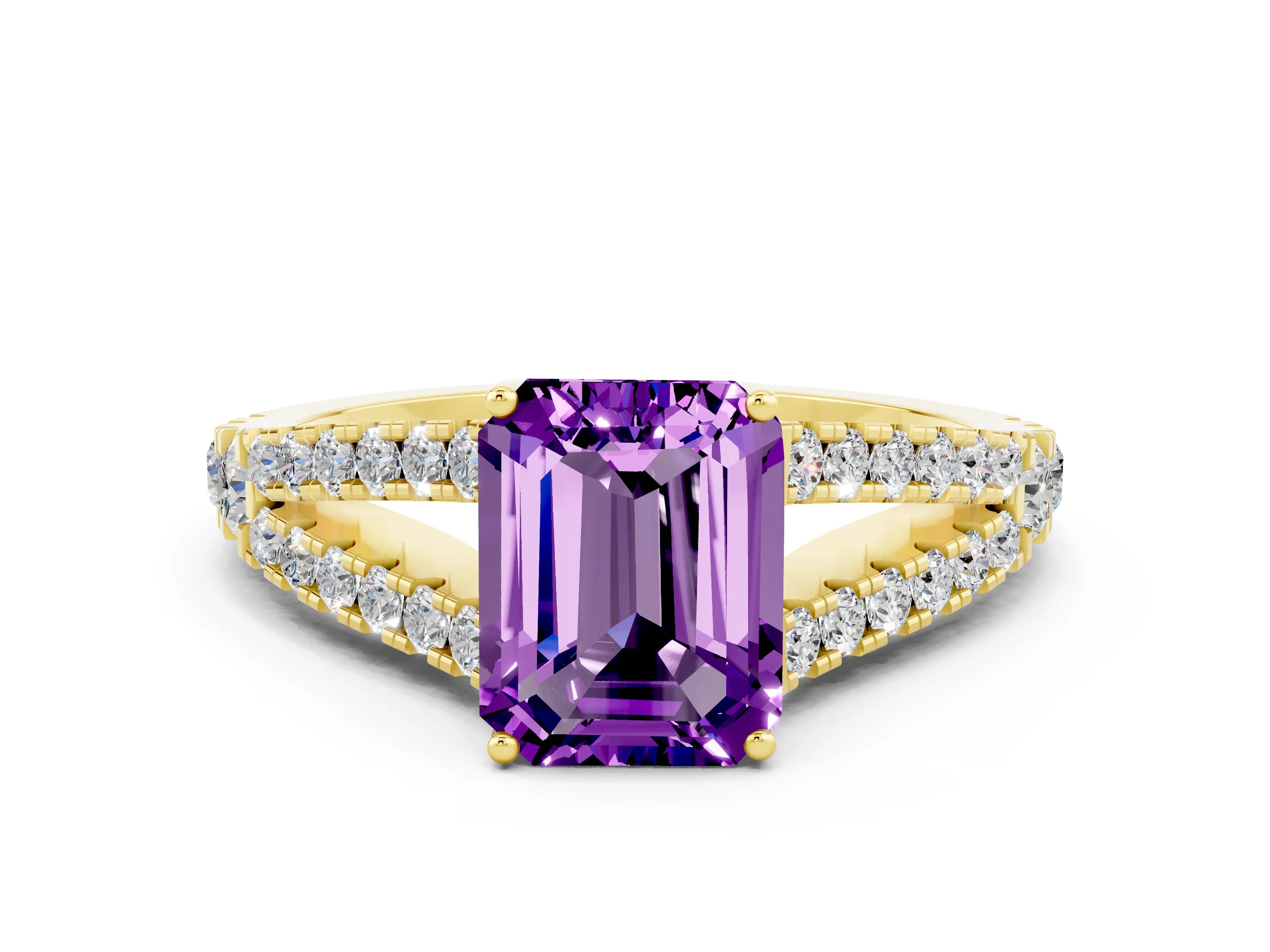 Yellow gold Emerald Cut Amethyst Split Shank Pavé Engagement Ring with Four-Prong Setting_12