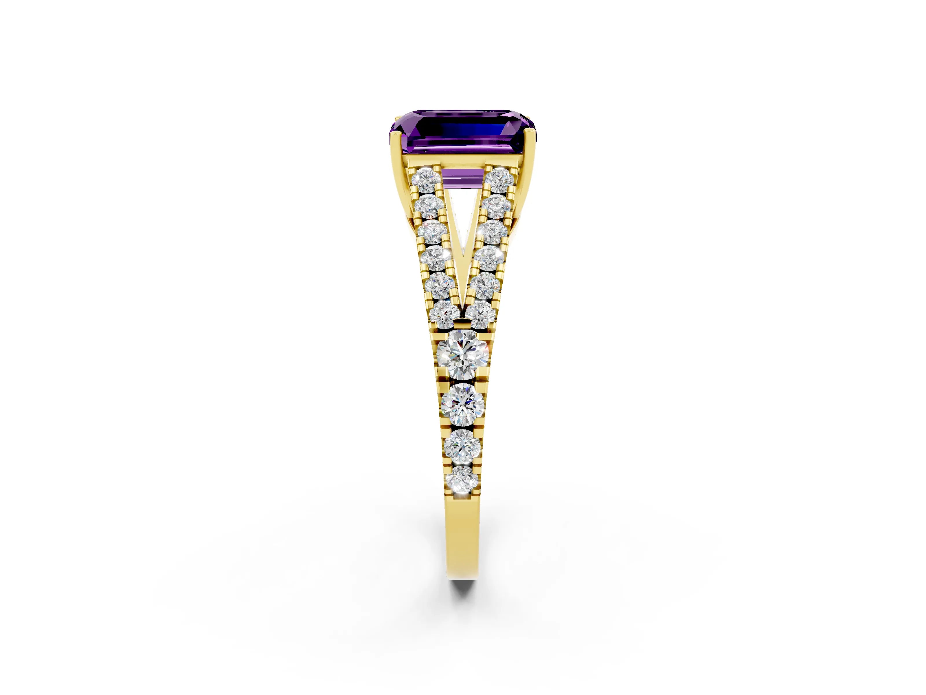 Yellow gold Emerald Cut Amethyst Split Shank Pavé Engagement Ring with Four-Prong Setting_14