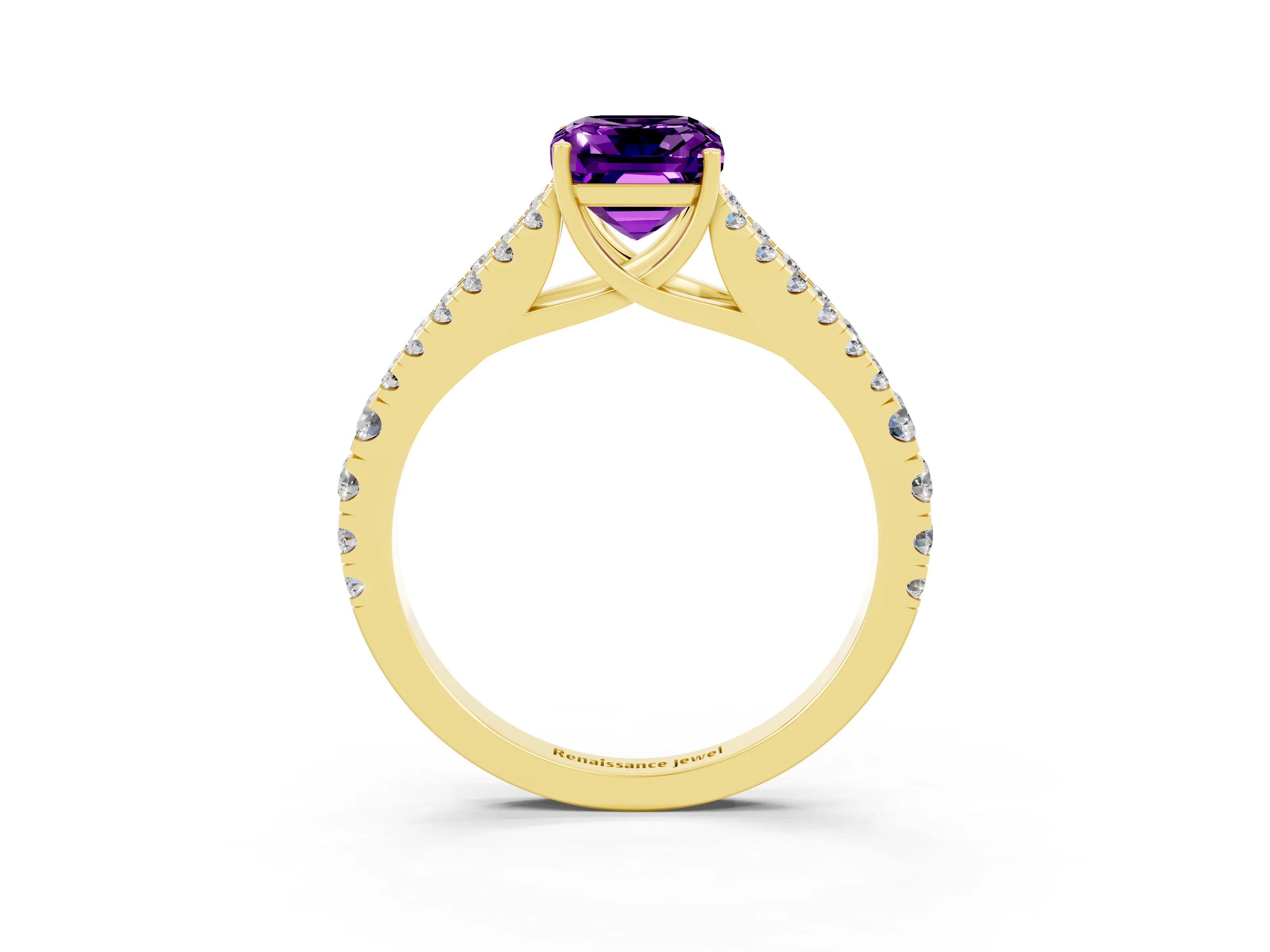 Yellow gold Emerald Cut Amethyst Split Shank Pavé Engagement Ring with Four-Prong Setting_15